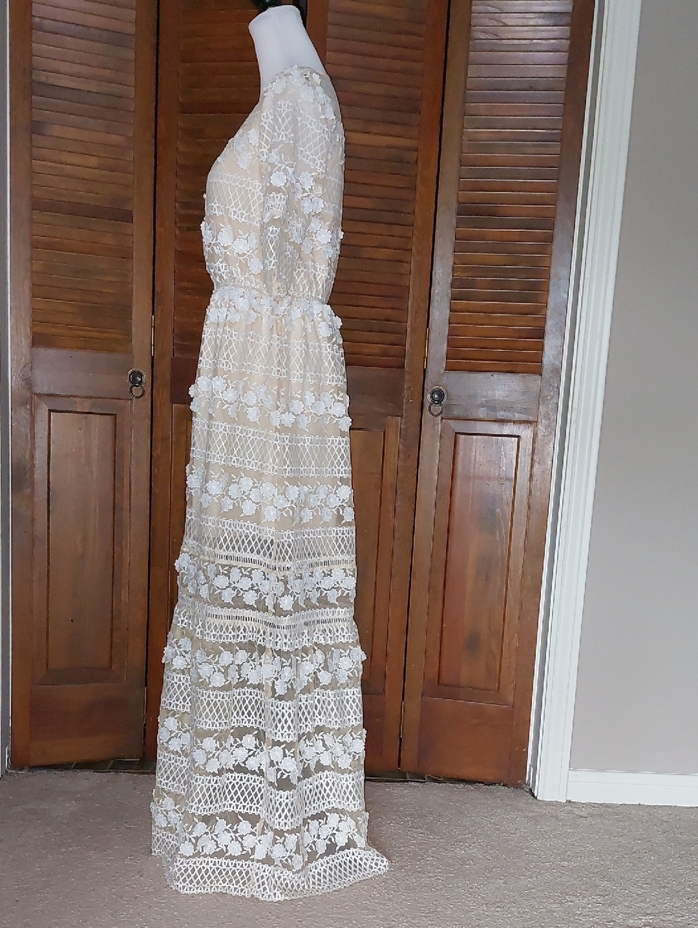 Bohemian Beige Lace 3D Floral Maxi Dress Sz S - Picture 3 of 16